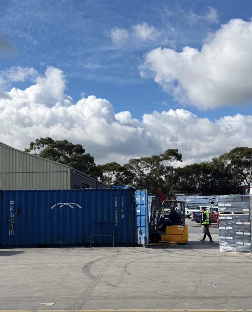 Pallets of finished hand tools loaded into a shipping container at the Dopsigen warehouse