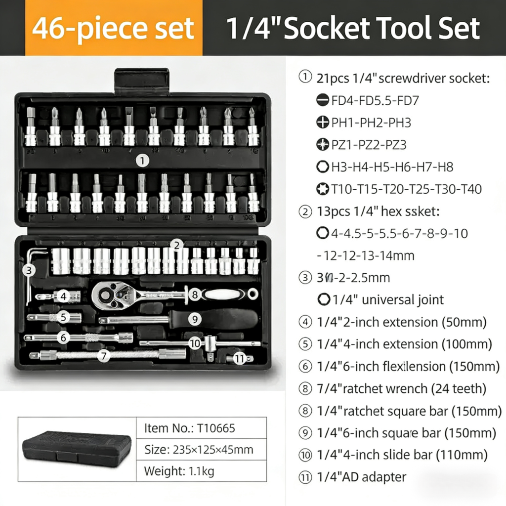 46-Piece 1/4 inch Socket Tool Set - Dopsigen OEM manufacturer