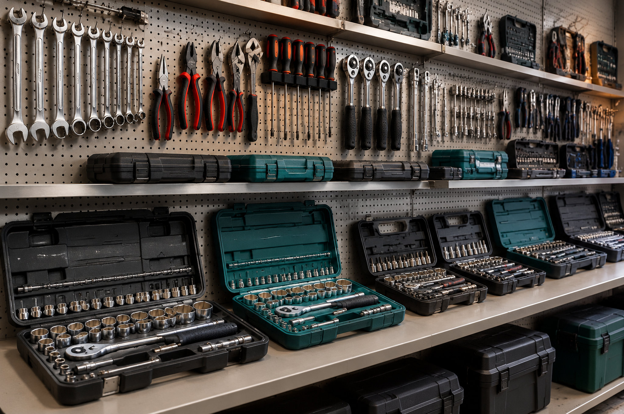 Tool cases, socket sets and ratchet wrenches displayed on the Dopsigen showroom wall