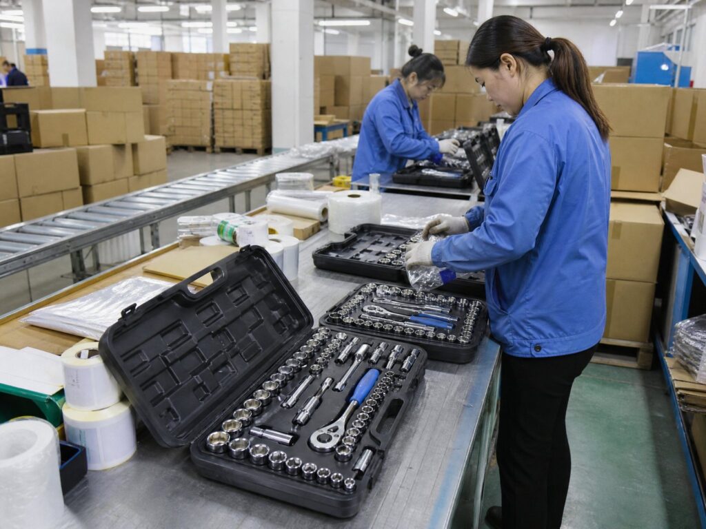 Workers packing socket sets into blow-mould cases on the packing line