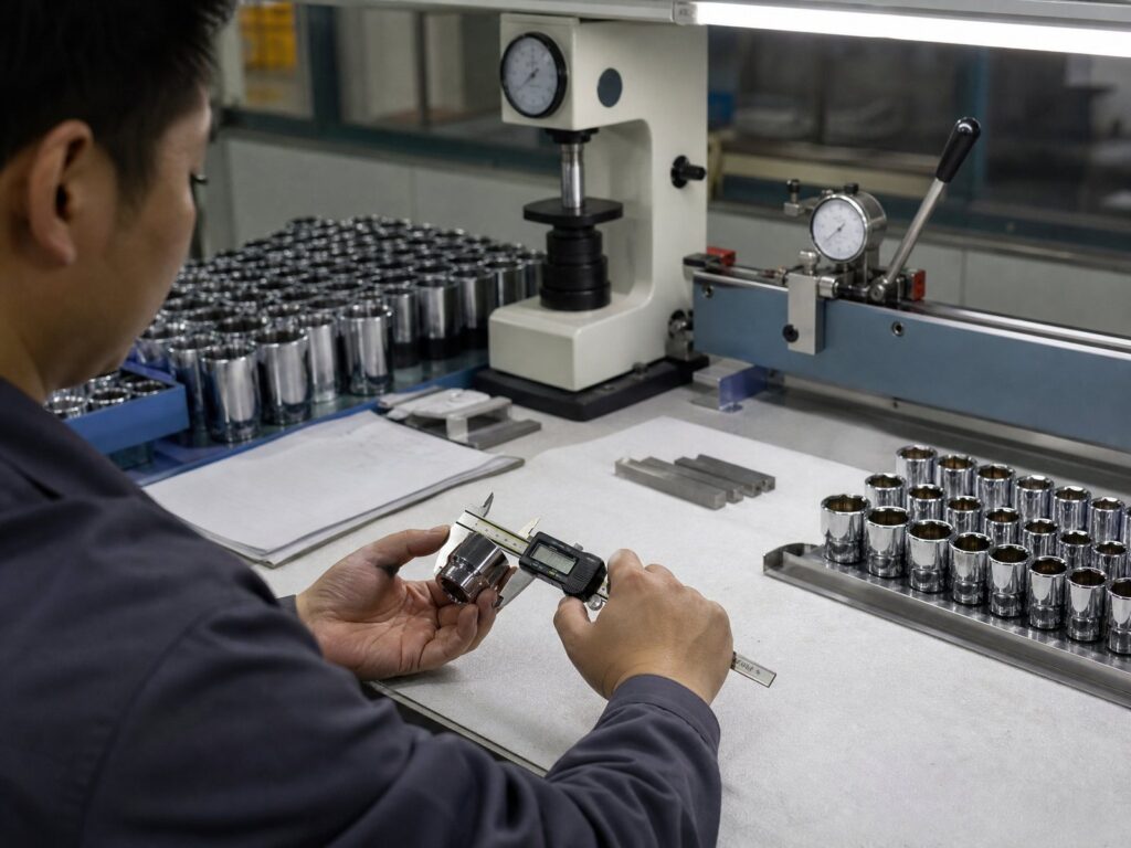 Inspector checking socket dimensions with a digital caliper beside a hardness tester