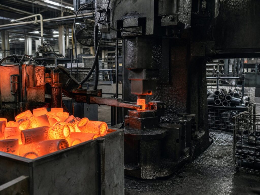 Hot forging press forming socket blanks from heated steel bar
