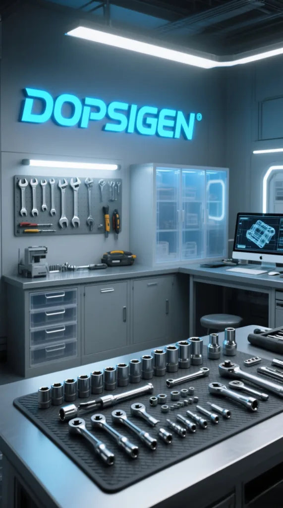 Dopsigen branded workshop with socket and ratchet wrench range laid out on a workbench