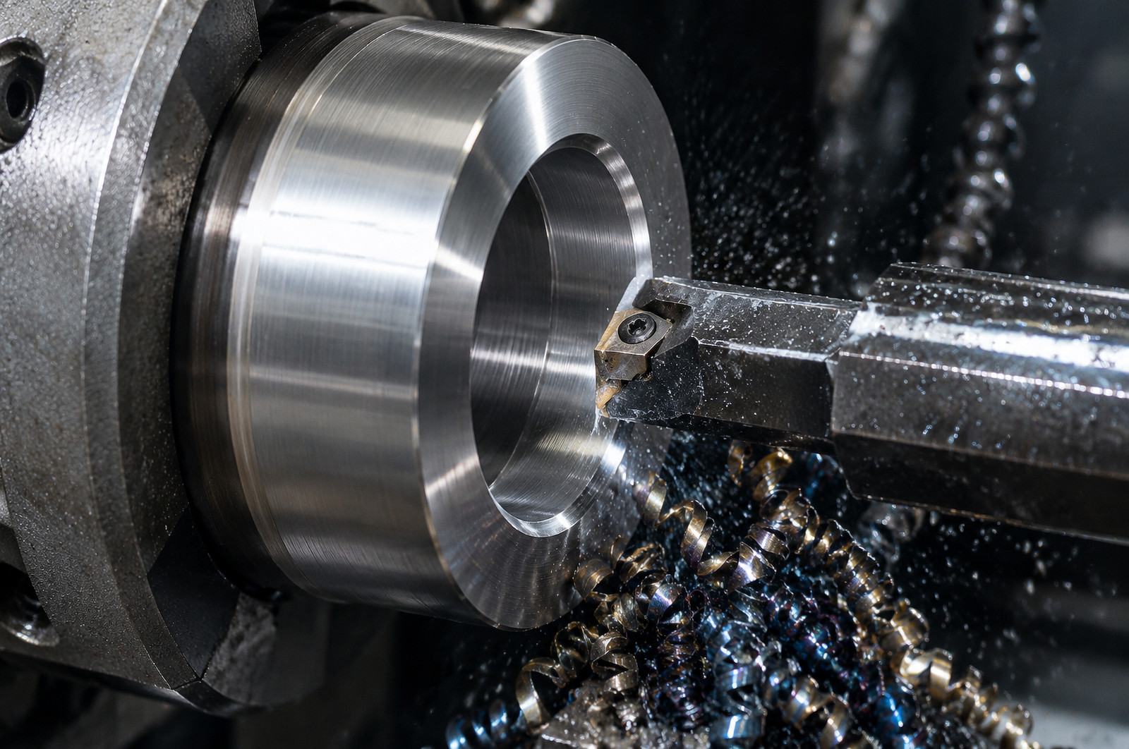 Socket blank being bored on a CNC lathe with steel chips curling away